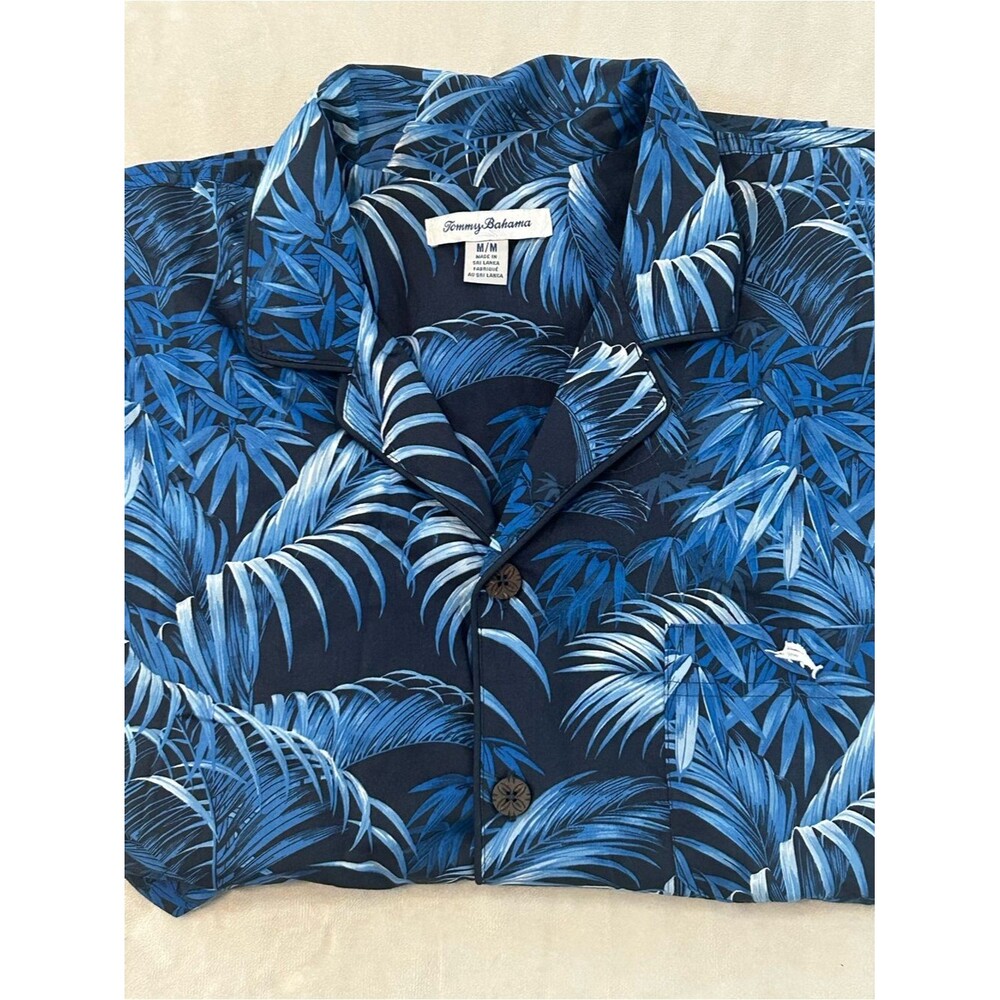 Tommy Bahama Men M Blue Tropical Palm Leaf Cotton Long Sleeve Camp Shirt Pajama